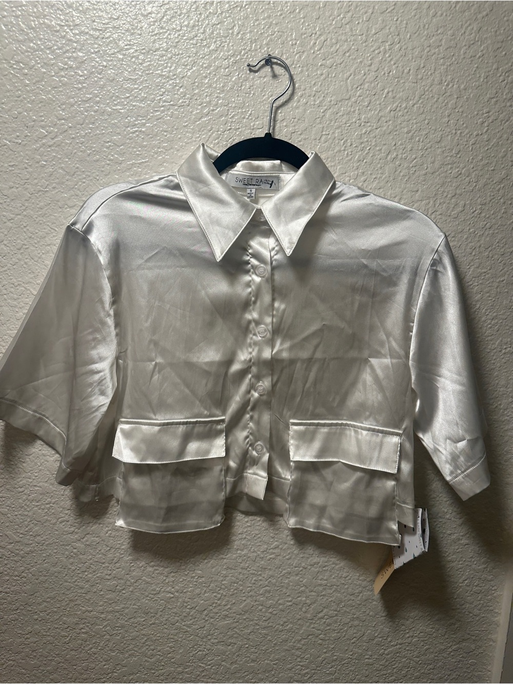 Sweet Rain White Satin Button Down Cropped Shirt